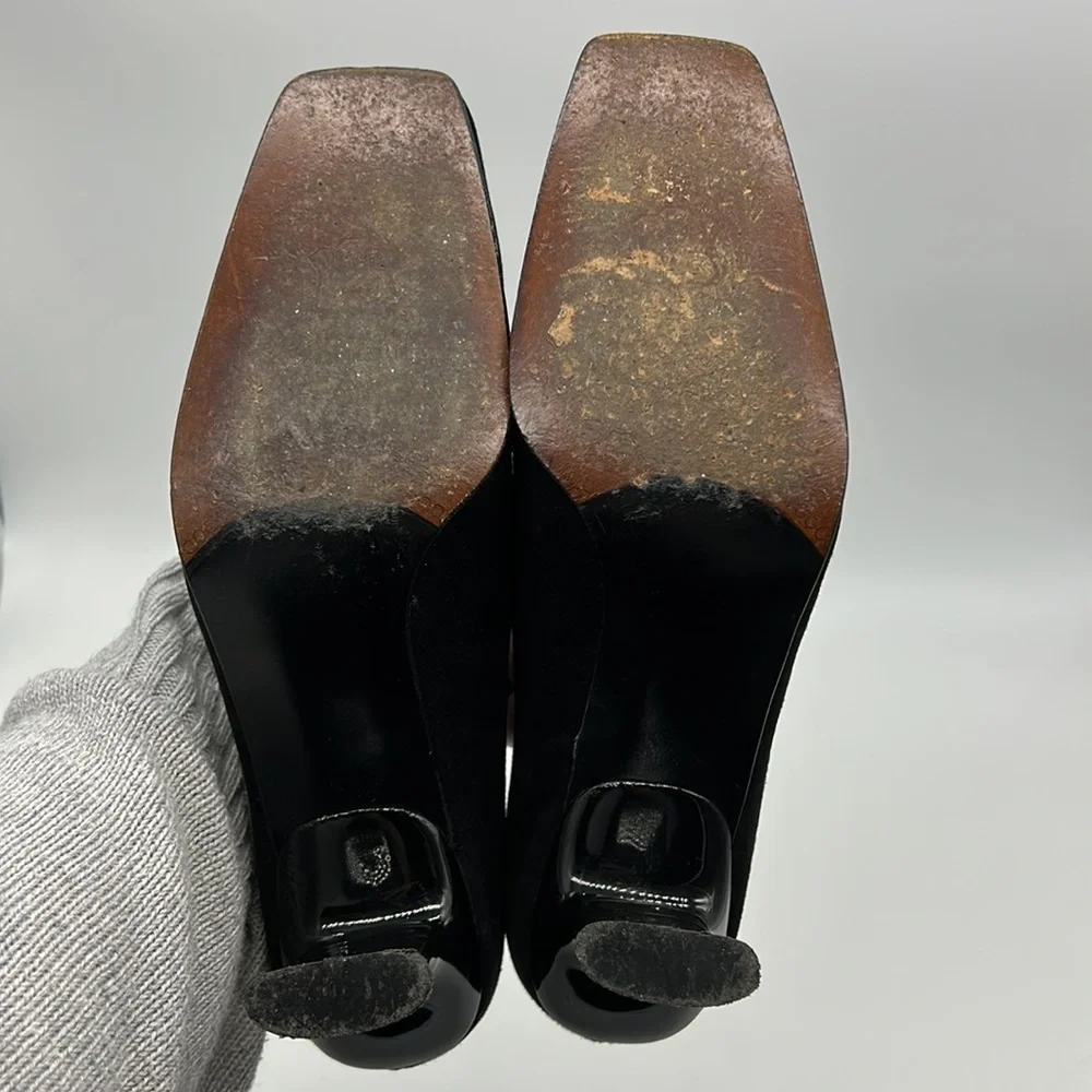 Stuart Weitzman‎ Black Suede Heels Women's 7.5 B Patent Heel Square Toe